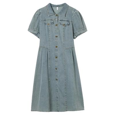 牛仔中裙高腰短袖连衣裙