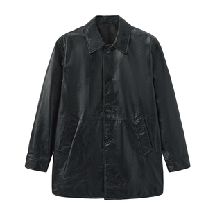 B1BDF4F11鸟家男装秋冬季休闲风衣翻领中长款牛皮真皮皮衣外套潮