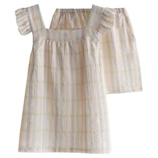 彩虹条纹荷叶袖吊带短裤睡衣女士夏季纯棉纱布薄款宽松家居服套装