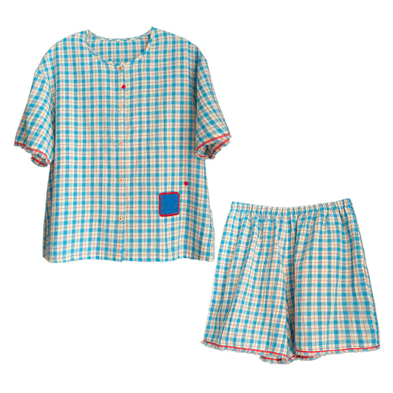 朵朵可可睡衣女2026春夏新款棉麻格子凉爽短袖短裤家居服短套装