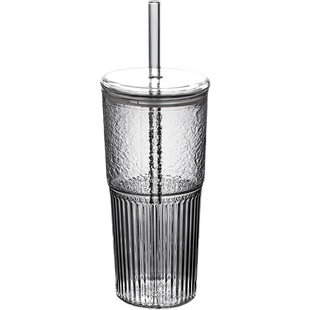 600ML大容量玻璃喝水杯子带盖吸管杯高颜值男女办公室咖啡饮料杯