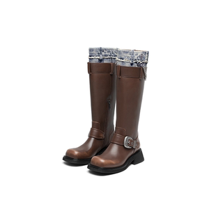 孟子义赵昭仪同款|SUGARSU酥履秋冬牛仔拼色中筒骑士长靴美拉德