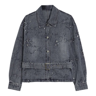 NEW DADADA【收腰闪钻牛仔】复古烫钻牛仔外套女宽松显瘦长袖上衣
