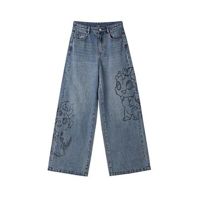 PIT复古涂鸦印花阔腿牛仔裤女2025夏季新款直筒百搭休闲高腰长裤