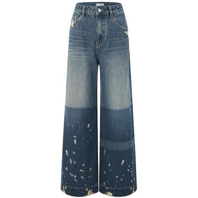 DIANA VEVINA 秋季新款撞色水洗阔腿长裤高腰显瘦直筒牛仔裤