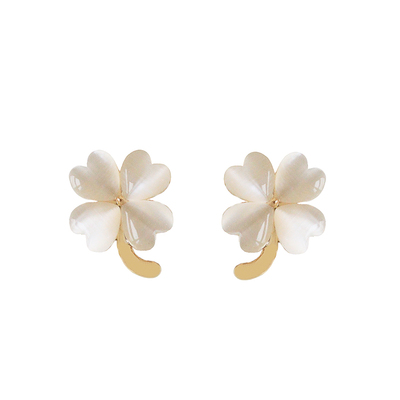 「花蜜」四叶草猫眼石蚊香盘耳夹耳环耳饰气质森系耳钉女绝美轻奢