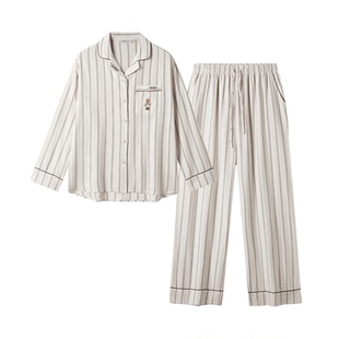 TeenieWeenie小熊纯棉睡衣女款双层纱春季套装情侣长袖条纹家居服