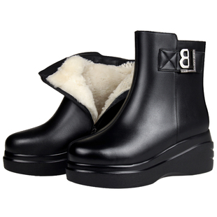 坡跟短靴女冬季加绒加厚棉鞋防滑厚底雪地靴真皮保暖靴子羊毛皮鞋