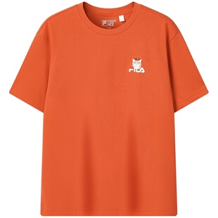 FILA斐乐情侣短袖T恤2026夏新男休闲纯棉重磅卡通猫咪刺绣上衣女