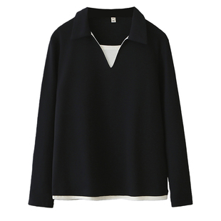 胖mm大码春款上衣女2026年新款时尚显瘦减龄撞色拼接假两件套头衫