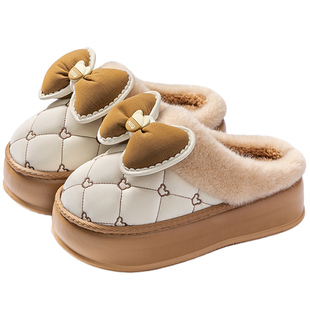 厚底棉拖鞋女高跟家用可爱蝴蝶结高颜值PU皮拖鞋冬季加厚保暖外穿