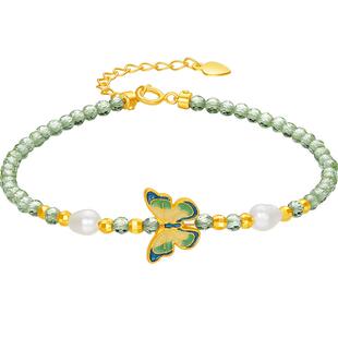 六桂福珠宝蝴蝶手链女生款珍珠串珠绿橄榄石925银新年情人节礼物