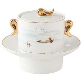 干冰意境菜餐具会所餐厅位上陶瓷汤盅甜品汤羹碗带盖氛围感小炖盅