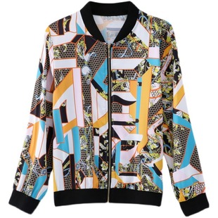 2025年真丝外套女时尚印花薄款妈妈宽松桑蚕丝防晒衣夹克衫棒球服