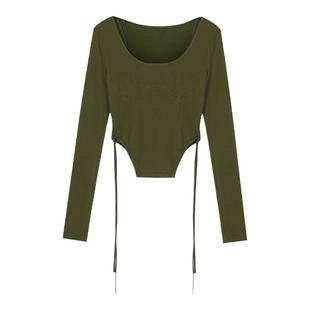 PHISM春夏新品胸部解构抽绳长袖打底女不对称下摆T恤圆领上衣