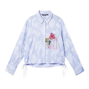 Desigual【博主同款】蓝色条纹花卉提花手绘印花女式衬衫