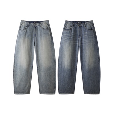 森马阔感弯刀复古做旧牛仔长裤男