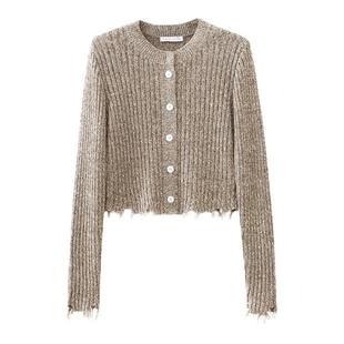 水云间卡其色破洞流苏亚麻毛针织开衫外套女修身正肩显瘦毛边上衣