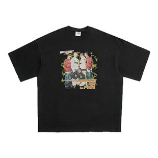 PMW 满舒克同款水洗做旧后街男孩数码印花短袖T恤宽松休闲小众夏