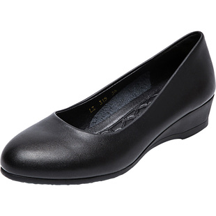 春秋舒适3cm坡跟工作鞋女软底黑色皮鞋 浅口单鞋圆头职业女鞋低跟