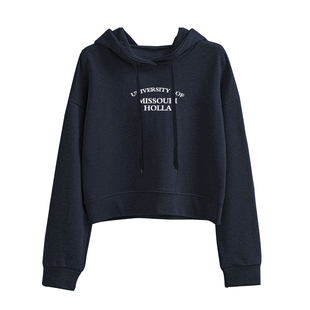 初春高级显白短款卫衣310g重磅高腰宽松连帽薄款藏蓝印花上衣女装