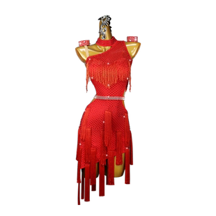 2026新款红色拉丁舞演出比赛服装专业舞蹈连衣裙成人花服高级solo