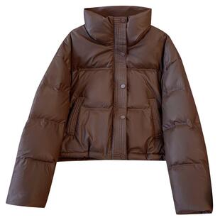 酒红色免洗PU皮立领短款羽绒服女士2025冬季新款加厚面包服小外套