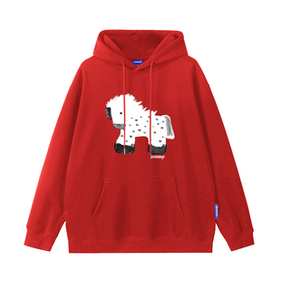 WASSUP潮牌马年中国红卫衣男连帽秋冬季加绒宽松休闲情侣上衣帽衫