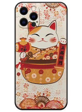 适用苹果浮雕招财猫日系手机壳