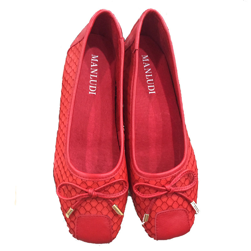 欧洲站新款真皮方头浅口瓢鞋女平底单鞋女英伦蝴蝶结休闲豆豆鞋女