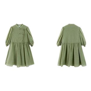 PIT新中式国风绿色立领收腰盘扣A字连衣裙女2025夏新款泡泡袖长裙