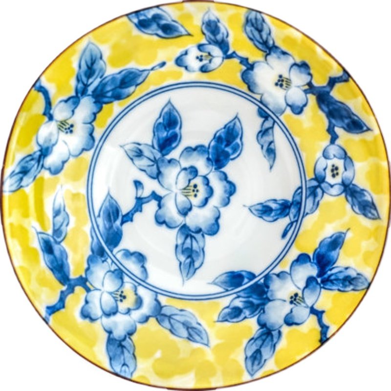 美浓烧日本进口釉下彩黄彩牡丹家用陶瓷餐盘日式餐具菜盘饭碗套装