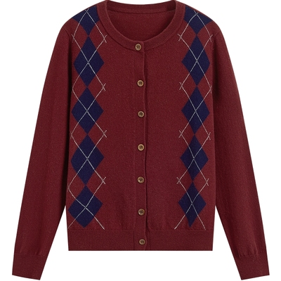 KBNE复古学院风菱格短款圆领针织衫女2025冬季新款长袖羊毛衫上衣