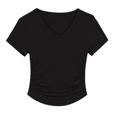 V领针织短袖T恤女设计修身