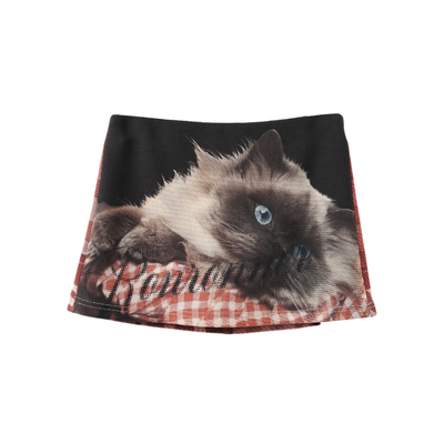西町村屋慵懒猫咪印花裙子女装夏季新款复古短款半身裙XAAB10202