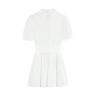 MULVAN 【现货7折】白色衬衫连衣裙女短袖夏季设计感收腰a字短裙