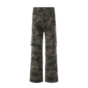 美式街头迷彩微喇工装裤男冬季加绒加厚休闲直筒宽松多口袋牛仔裤