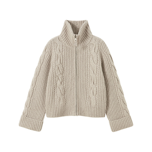 CROWNLESS未冕25秋冬新时髦2穿立/翻领显瘦绞花肌理开衫拉链毛衣