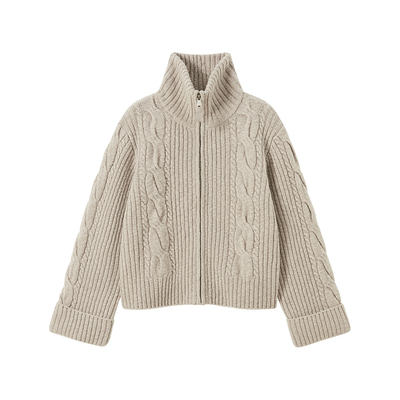 立领绞花肌理开衫拉链毛衣