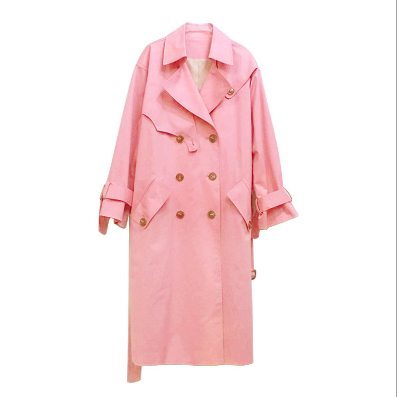 新品工装粉色双排扣宽松显瘦女装中长款风衣女系腰带外套女