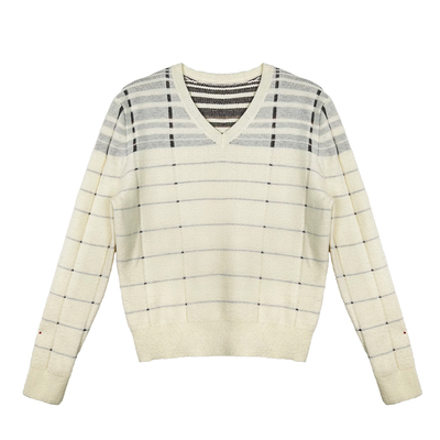 米白V领格纹软糯针织毛衣