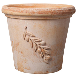 青野园艺家deroma帝罗马大号粗白陶土复古浮雕橄榄枝花盆户外庭院