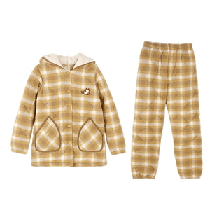 安之伴睡衣女冬季三层夹棉加厚保暖冬款梭织连帽格子家居服套装
