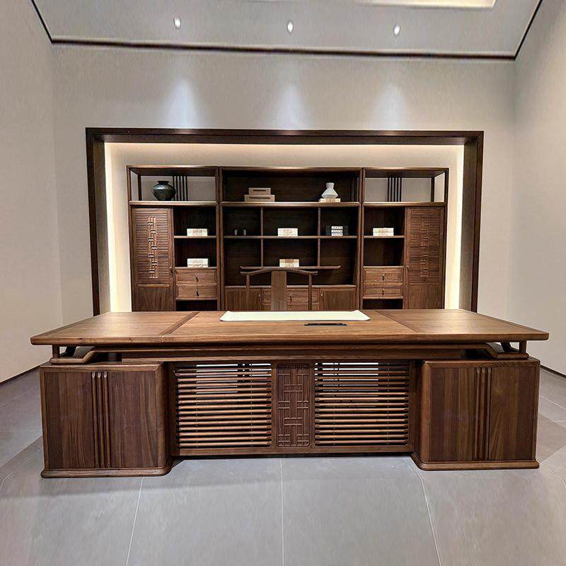 新中式实木大班台办公桌老板桌轻奢现代高级感黑胡桃木经理总裁桌