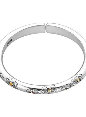 雏菊花银手镯女足银999纯银民族风手工錾刻嵌铜亮面开口银镯子
