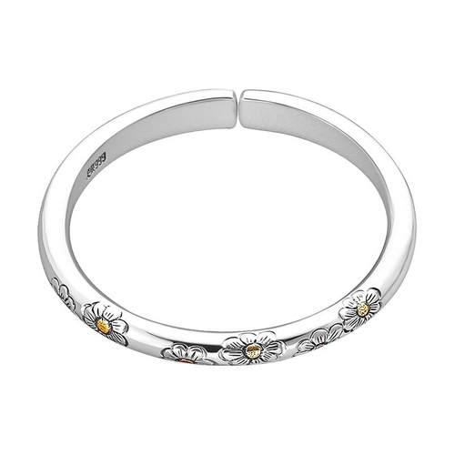 雏菊花银手镯女足银999纯银民族风手工錾刻嵌铜亮面开口银镯子