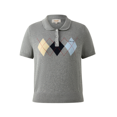 ELAND短袖撞色菱格短款针织衫