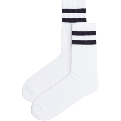 HM男士中筒袜秋季简约时尚柔软细密针织保暖红色条纹袜子0742400