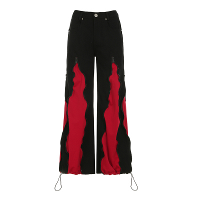 街舞女孩重工黑红色拉链牛仔裤