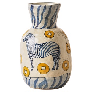 马上有钱手绘生肖马青花花瓶家居客厅桌面装饰摆件景德镇水培花器